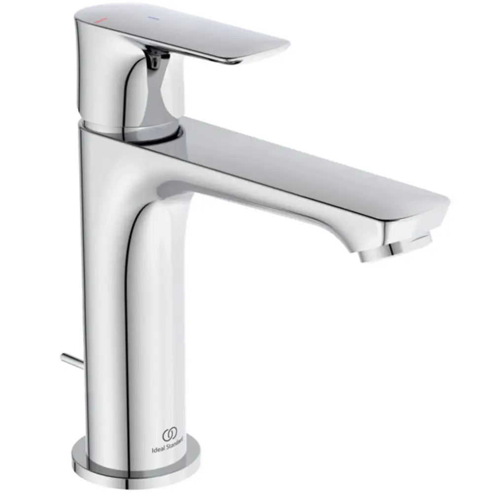 Chromfarbener Wasserhahn von Ideal Standard mit glänzender Oberfläche und integriertem Hebel zur Steuerung der Wassertemperatur und -menge.